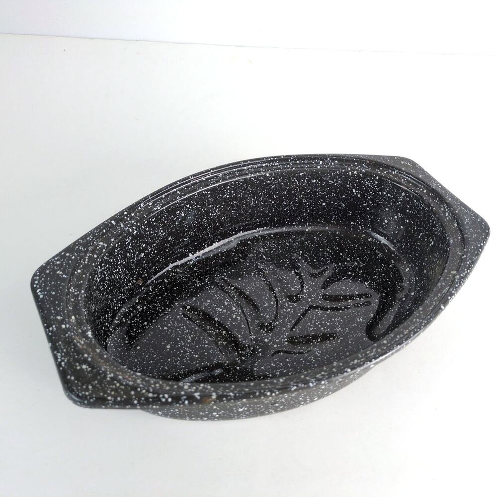 Vintage Black Graniteware Oval Small‎ Oven Roasting Pan, Speckled Enamel 13x8"